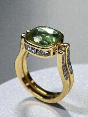 18k Gold Plated Designer Green Pink Cushion Cut Crystal Dual Sided Flip Ring